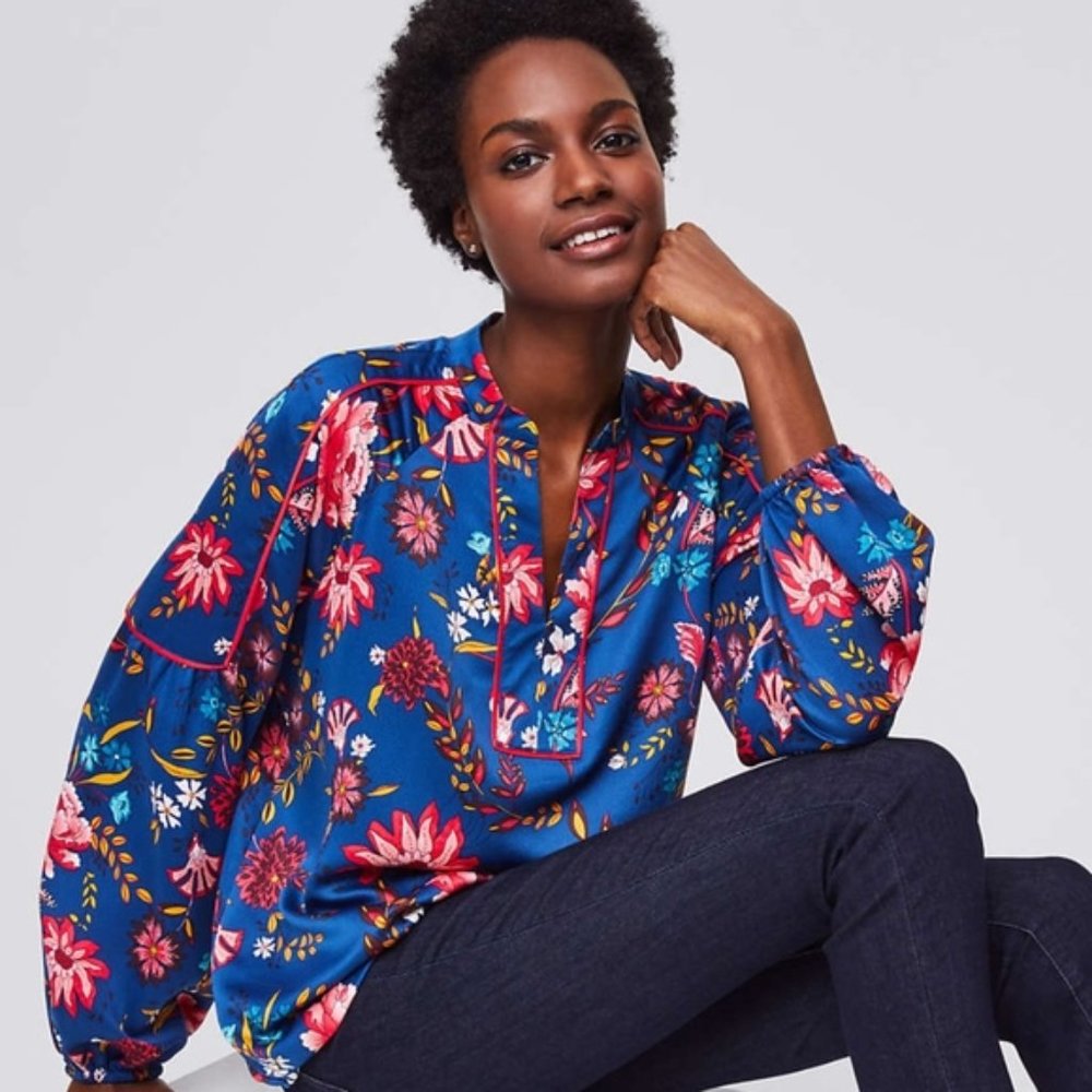LOFT Shirt PS Blue Wildflower Satin Split Neck